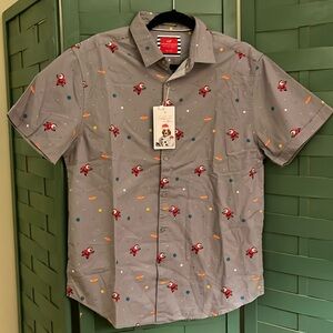 DENIM & FLOWER NWT Santa in space short sleeve button down :: size L